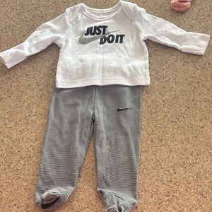 Nike White Top with Gray Striped Footed Pants Baby Set